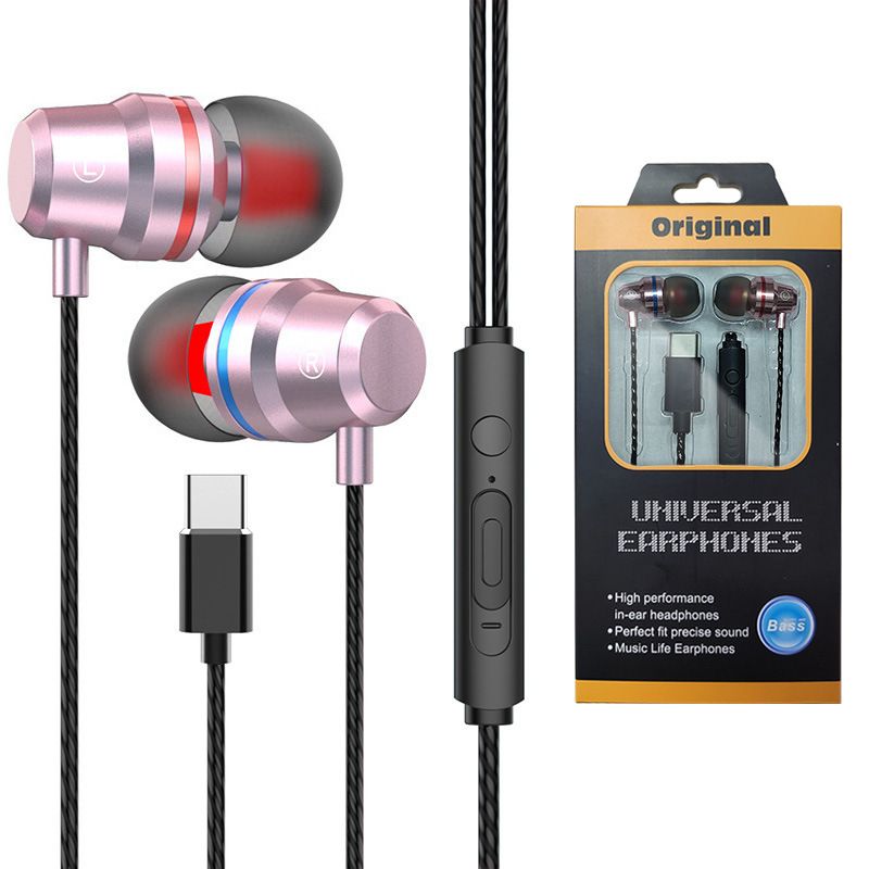 Heavy bass metal type-C earphone in ear for Huawei p30pro Xiaomi LETV mobile phone flat earphone 