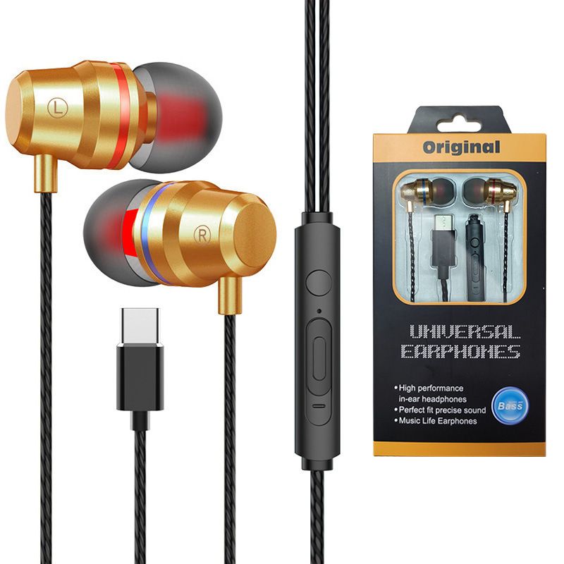 Heavy bass metal type-C earphone in ear for Huawei p30pro Xiaomi LETV mobile phone flat earphone 