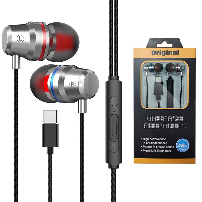 Heavy bass metal type-C earphone in ear for Huawei p30pro Xiaomi LETV mobile phone flat earphone 