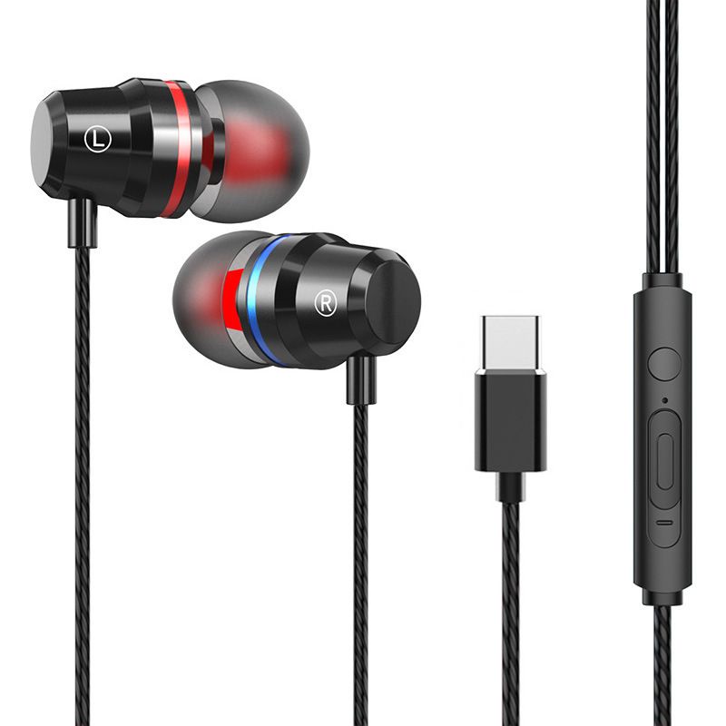 Heavy bass metal type-C earphone in ear for Huawei p30pro Xiaomi LETV mobile phone flat earphone 