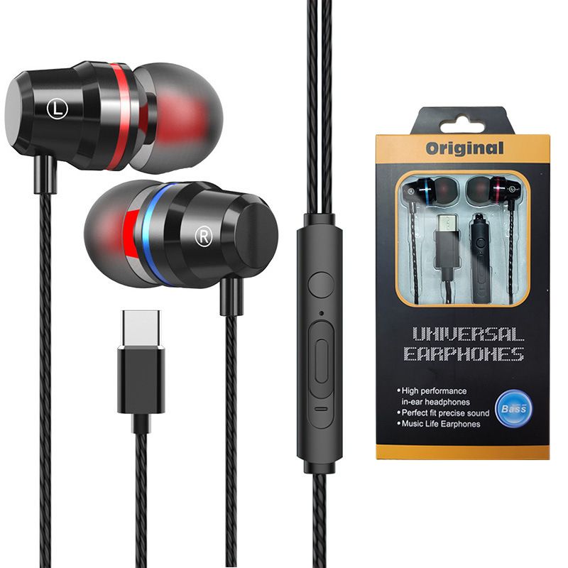 Heavy bass metal type-C earphone in ear for Huawei p30pro Xiaomi LETV mobile phone flat earphone 