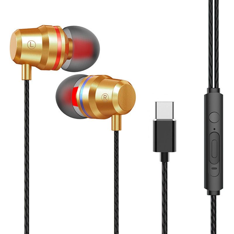Heavy bass metal type-C earphone in ear for Huawei p30pro Xiaomi LETV mobile phone flat earphone 