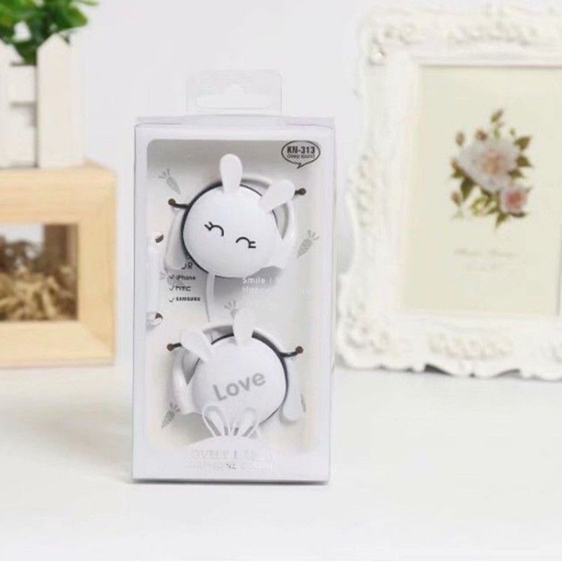 Kn313 cartoon rabbit expression ear hanging earphone student sports music color wire control earphone wholesale 