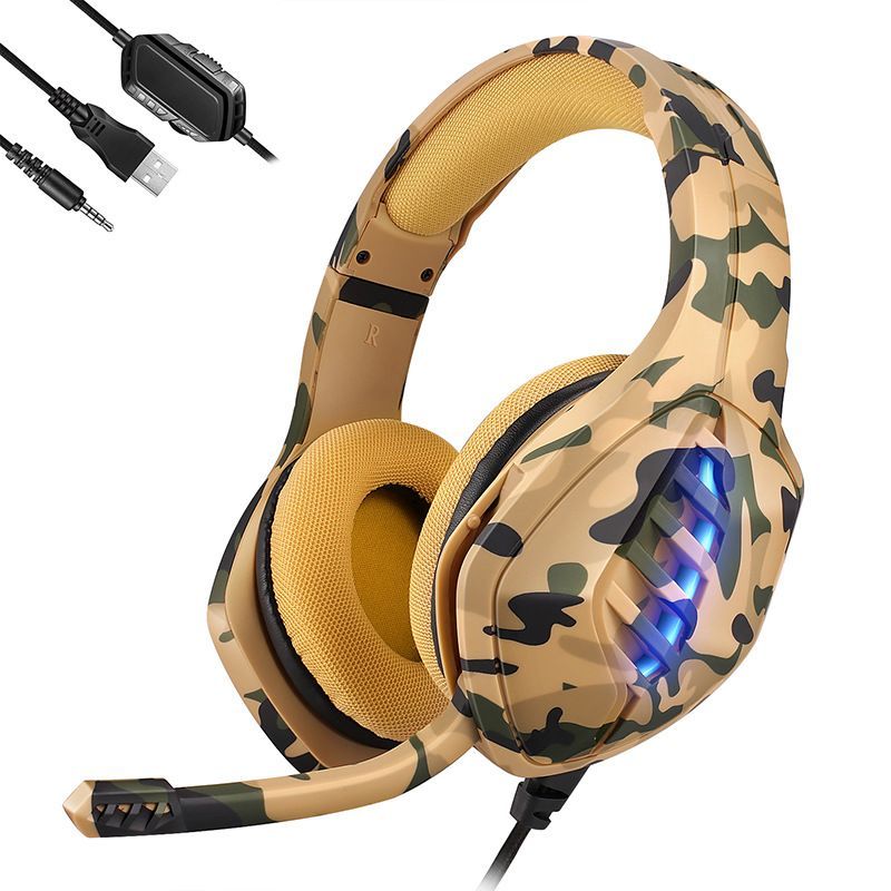 Cross border new cable headset camouflage computer games light-emitting headset subwoofer PS4 headset 