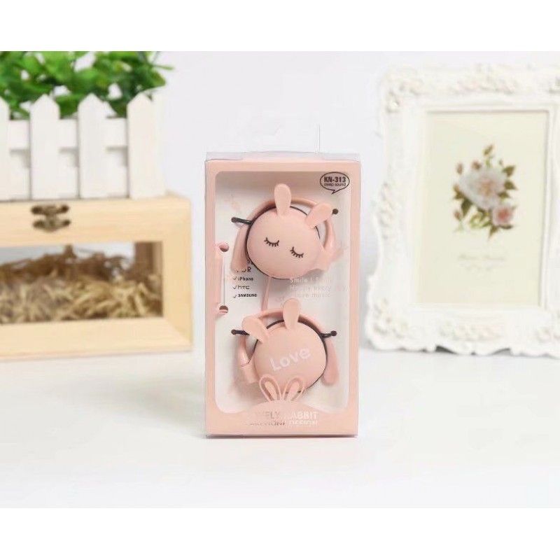 Kn313 cartoon rabbit expression ear hanging earphone student sports music color wire control earphone wholesale 