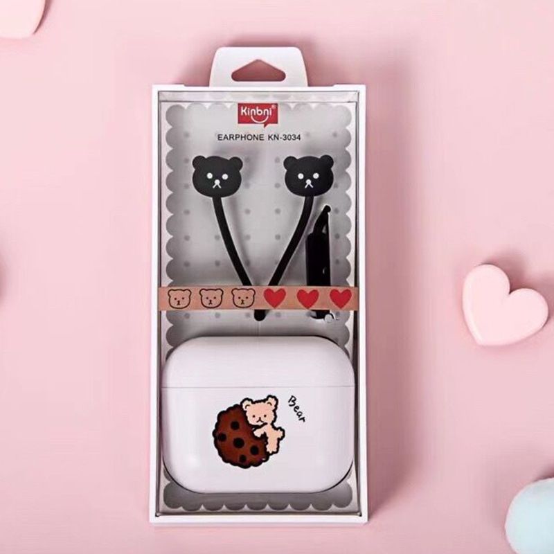Kn-3034 wired earphone with storage box cute bear series music earphone by wire in ear earplug 
