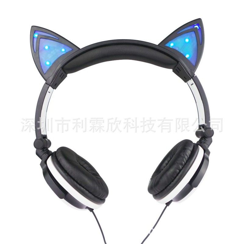 Cross border special payment for new children's cartoon cat ear headset with light-emitting folding mobile phone music headset 