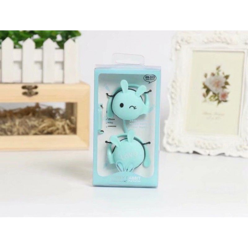 Kn313 cartoon rabbit expression ear hanging earphone student sports music color wire control earphone wholesale 