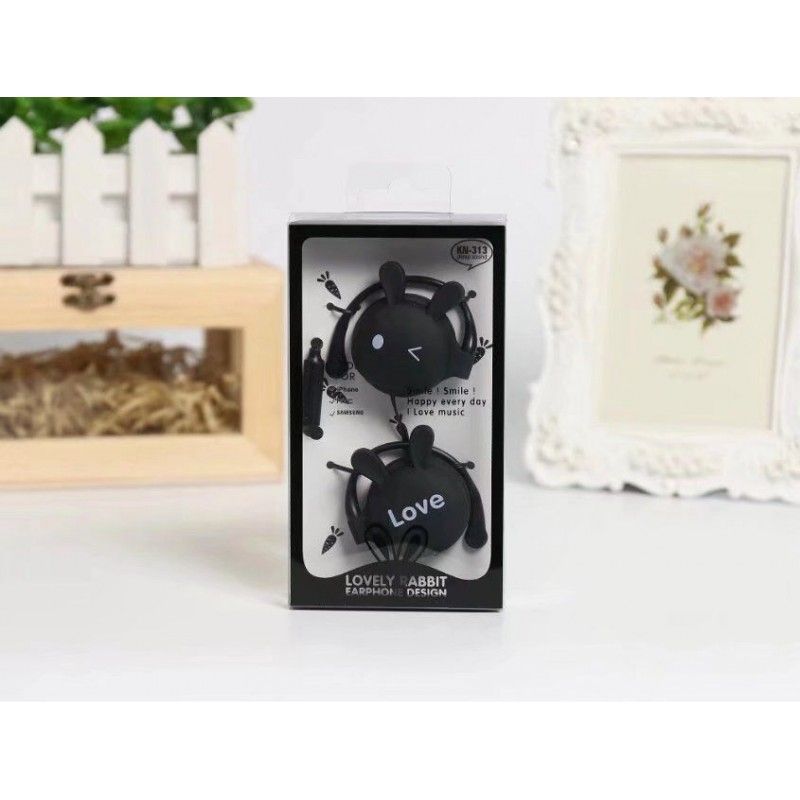 Kn313 cartoon rabbit expression ear hanging earphone student sports music color wire control earphone wholesale 