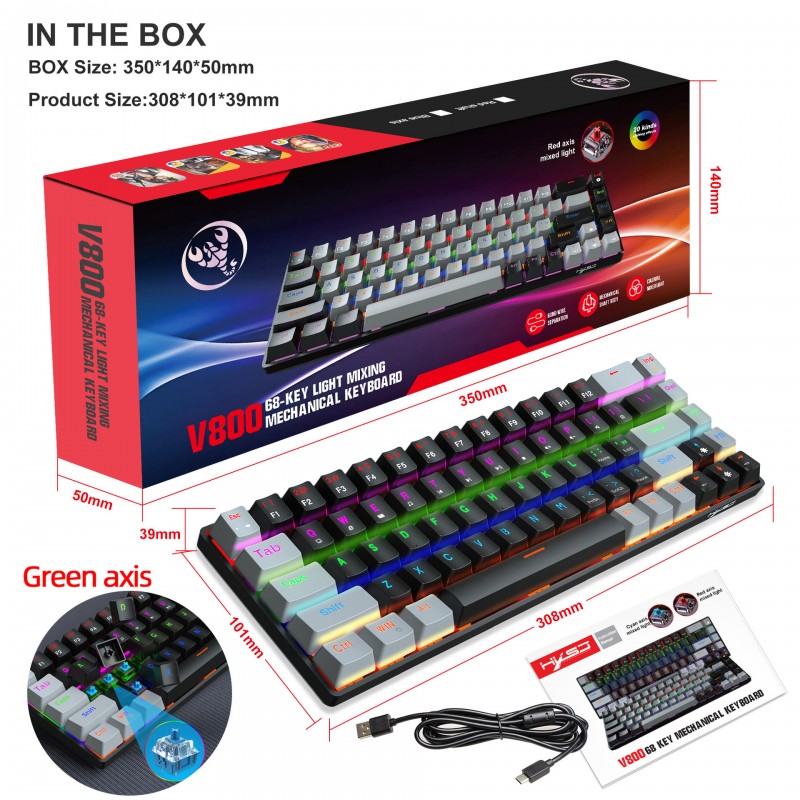 New 68 key green axis red axis mechanical keyboard double color RGB multiple backlight key line separation game keyboard in stock