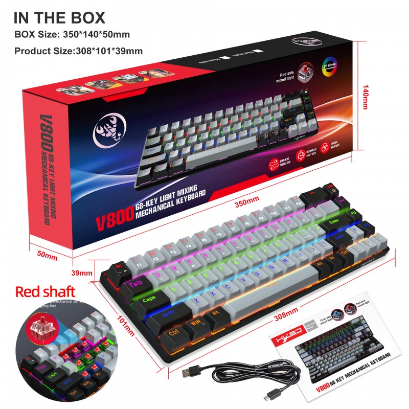 New 68 key green axis red axis mechanical keyboard double color RGB multiple backlight key line separation game keyboard in stock